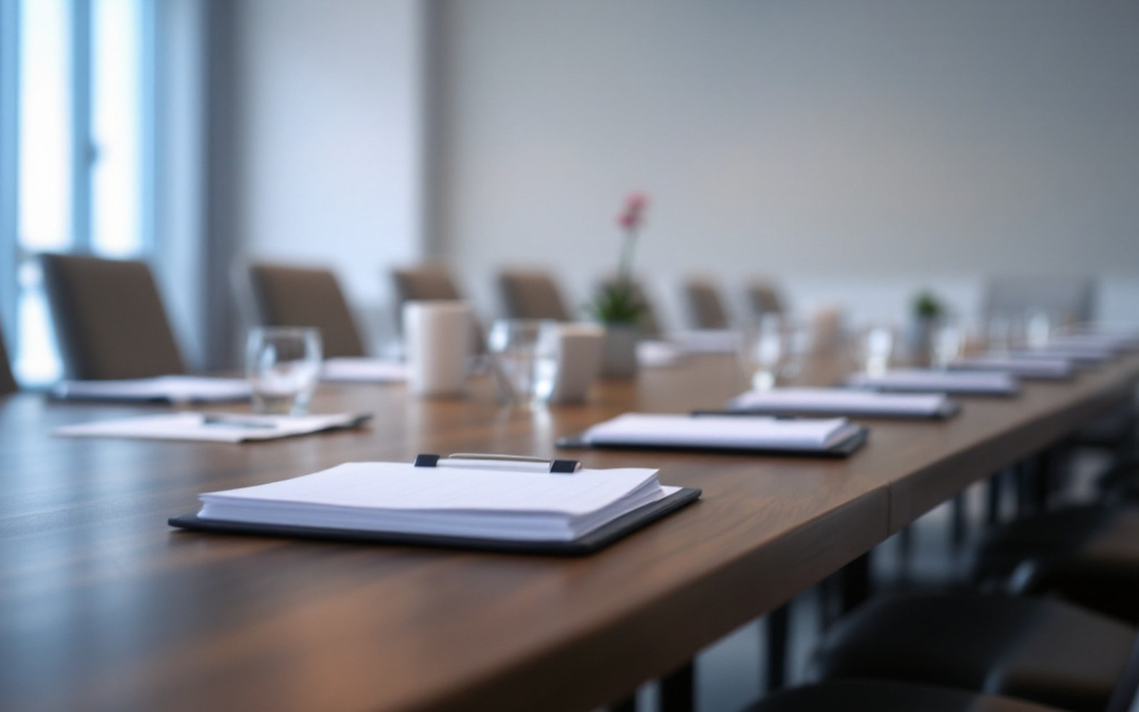 A conference room after a session, chairs pushed back, papers on the table