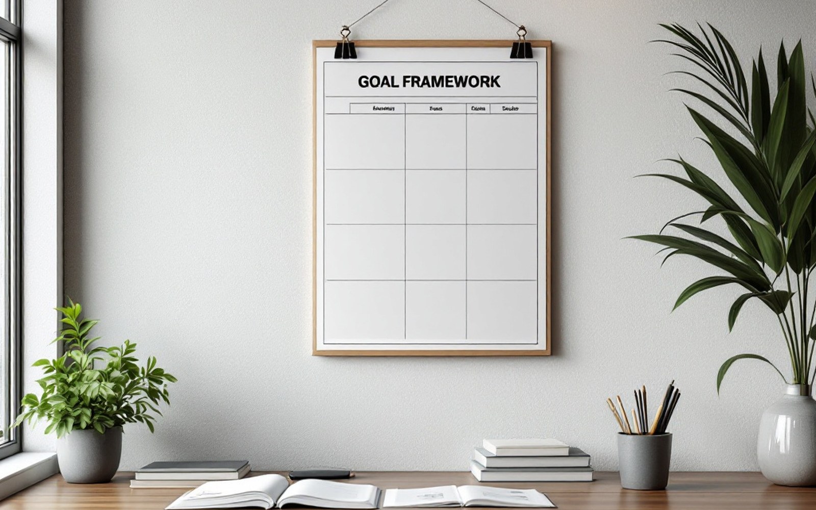A printed goal framework poster on an office wall